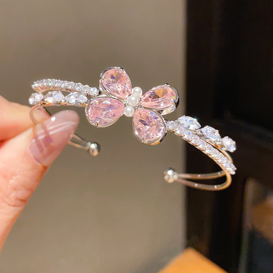 French Elegant Rhinestone Zircon Inlaid Bangle, Retro Court Style Bracelet, Light Luxury High-End Versatile Fashion Women Hand Jewelry