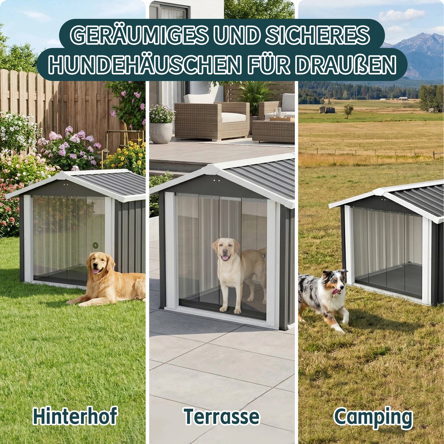 102x91x84cm Outdoor Dog House, Large Waterproof Pet House With Slanted Roof For Drainage, UV Protection & Ventilation, Weather Resistant Plastic Dog Kennel For Patio Camping Grey