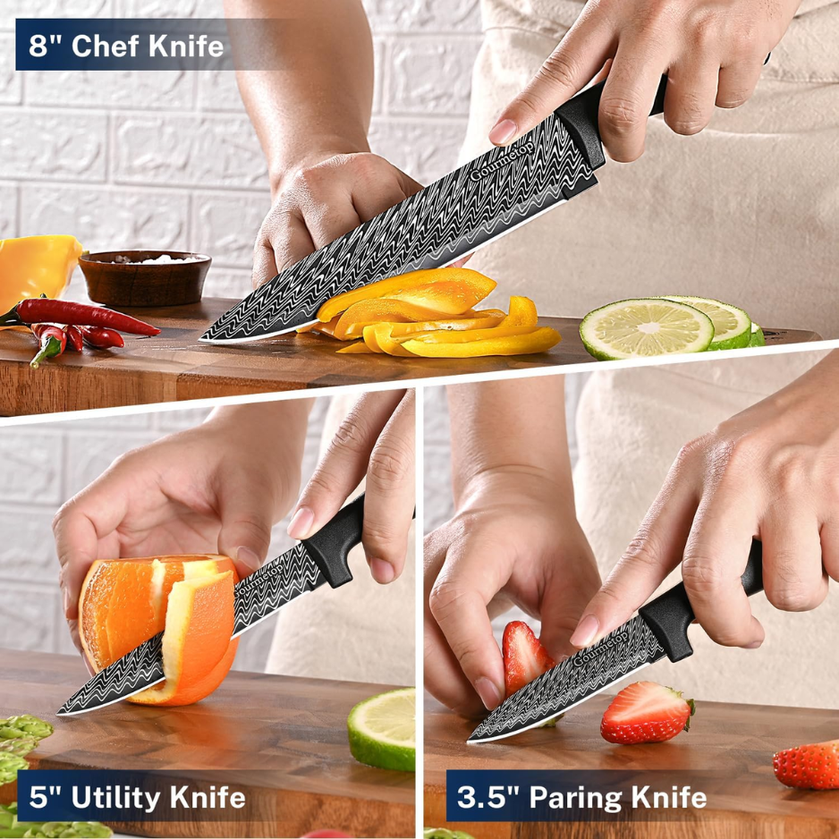 3-Piece Kitchen Knife Set With Blade Covers - Black Damascus Pattern Nonstick Chef, Utility & Paring Knives