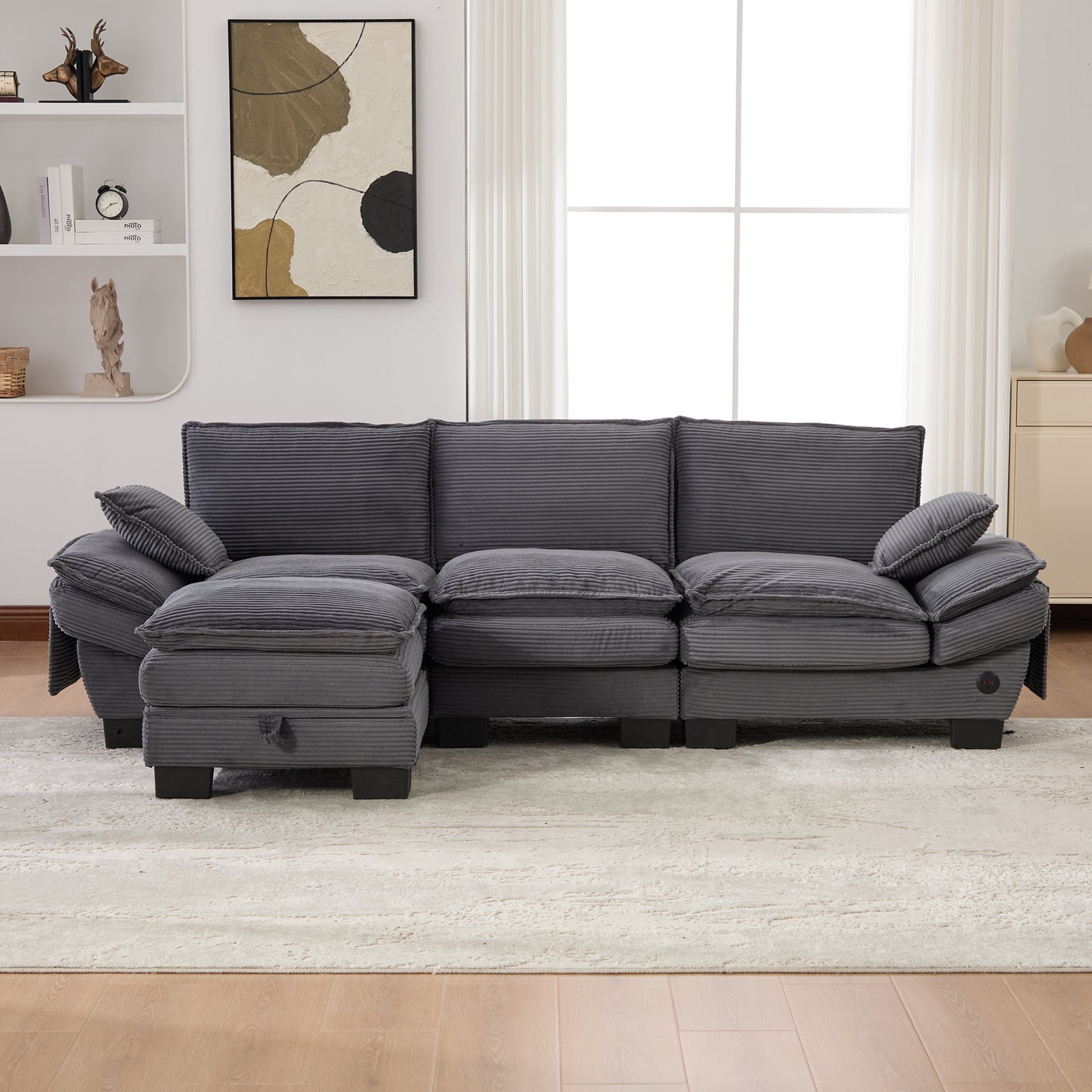Modular 3-seater Corduroy Sofa With 1 Stool Wide Seat, Ergonomic Design, High-density Foam Padding, USB-C Port And Side Pockets.Ideal For Living Room, Office Or Lounge.DarkGray