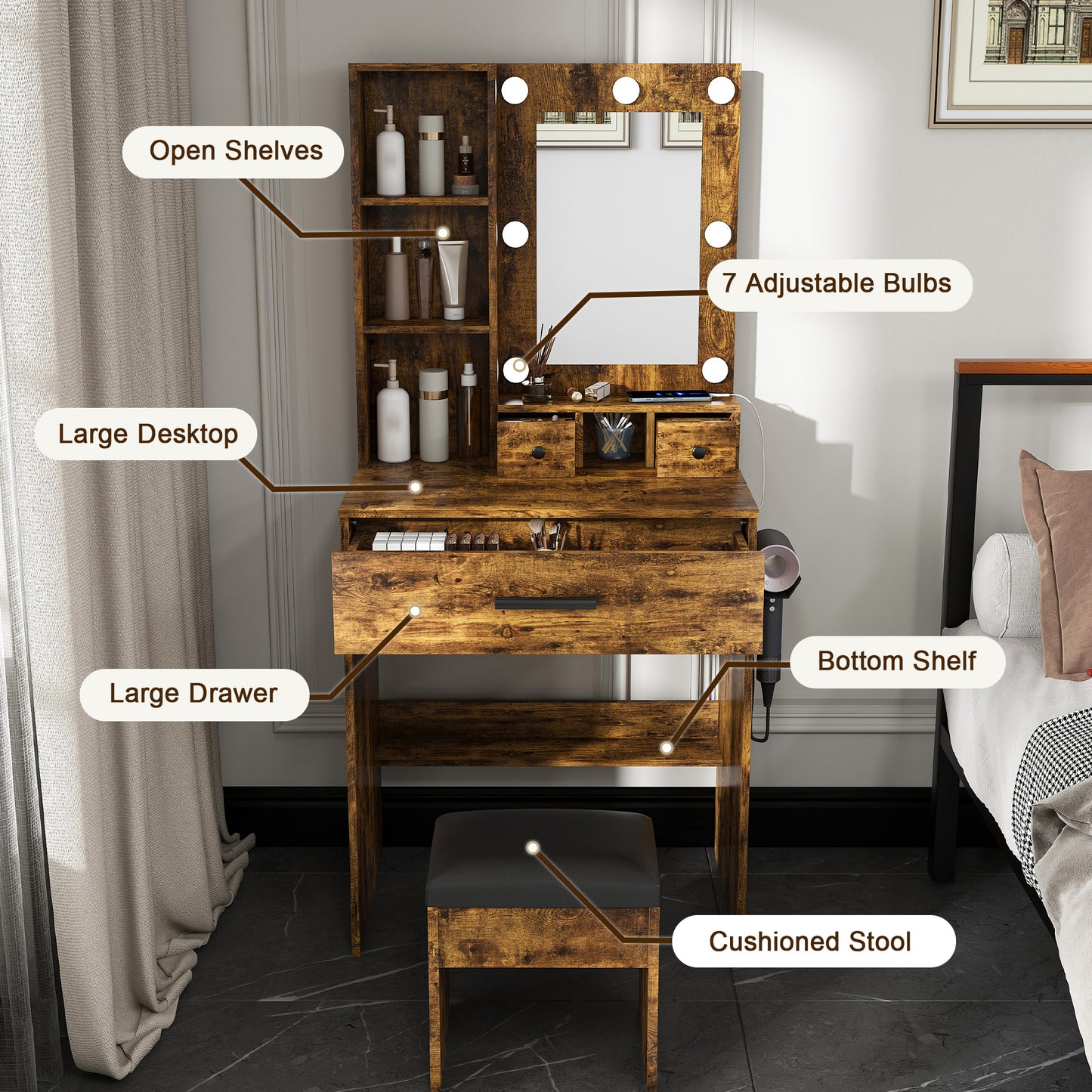 Vanity Table With Mirror & Adjustable LED Lights, Power Outlet, Hairdryer Holder & Stool -Compact Dressing Desk For Small Bedrooms Vintage