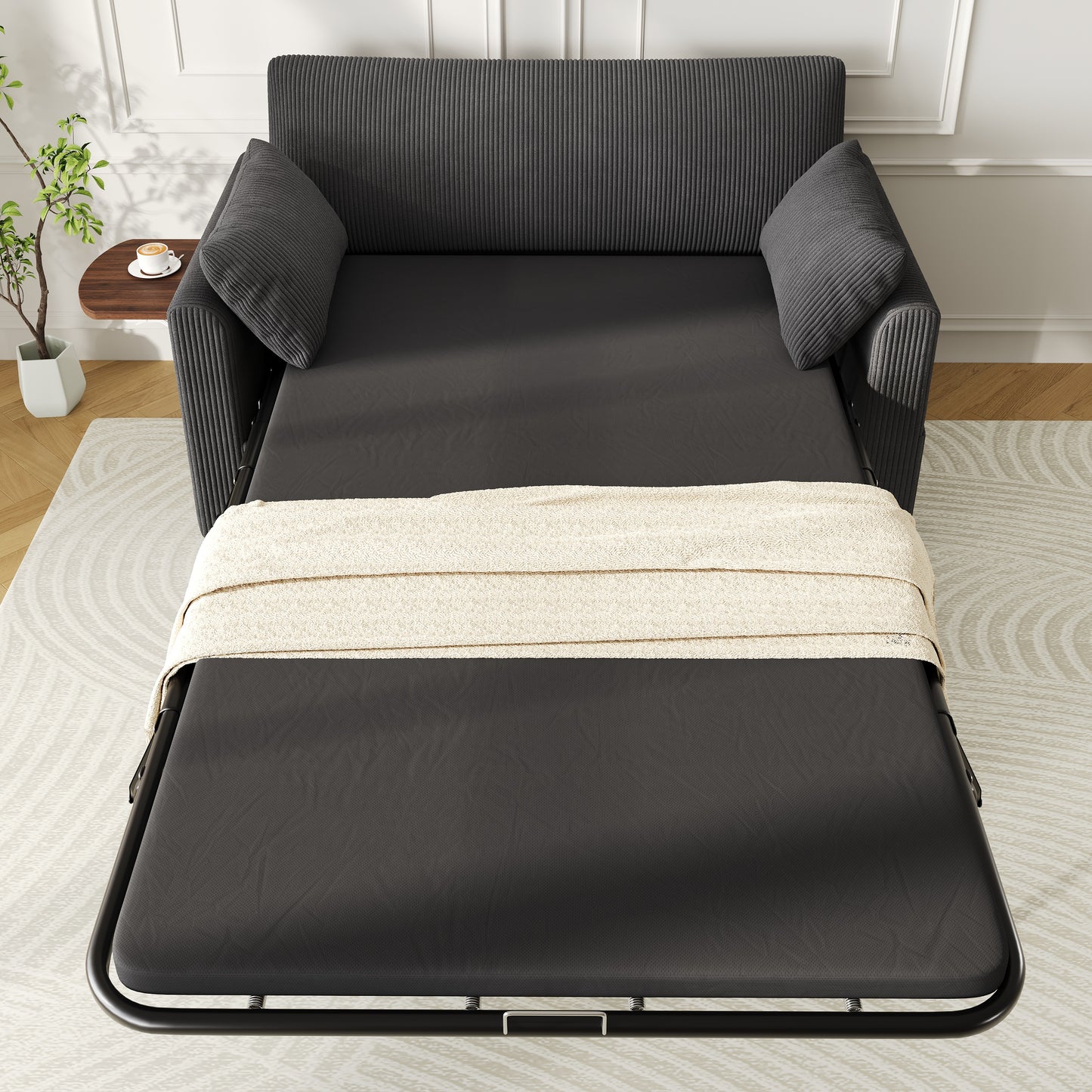 Pull-out 2 Seater Sofa Bed With Sleeping Function, USB Charging Port, Folding Side Table, Mattress, Two Sheets And Two Pillows, Ideal For Living Rooms And Apartments, Grey