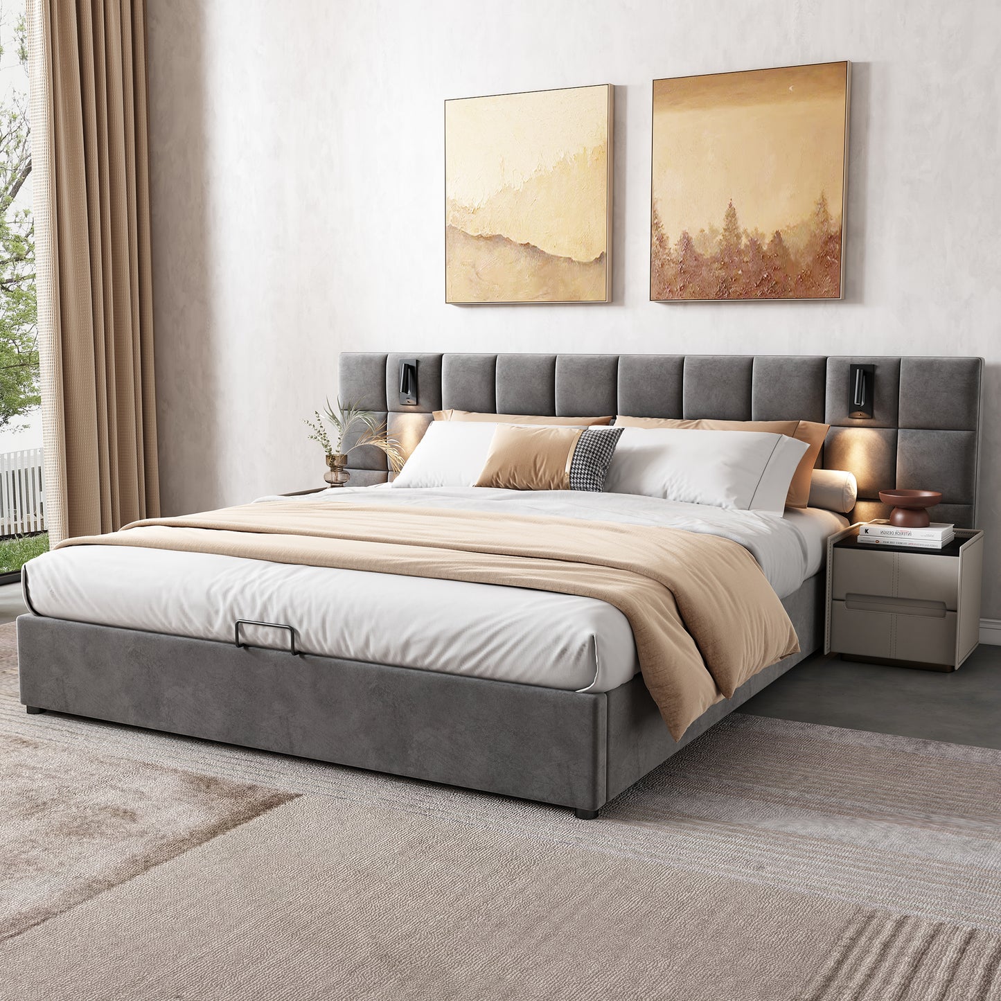 Upholstered Bed,Hydraulic Storage Bed With Directional Lamp And USB Charging,Wide And Foam-Filled Headboard,Checkerboard Pattern, Steel Frame, Without Bedside Stand,Velvet,160x200cm,Grey
