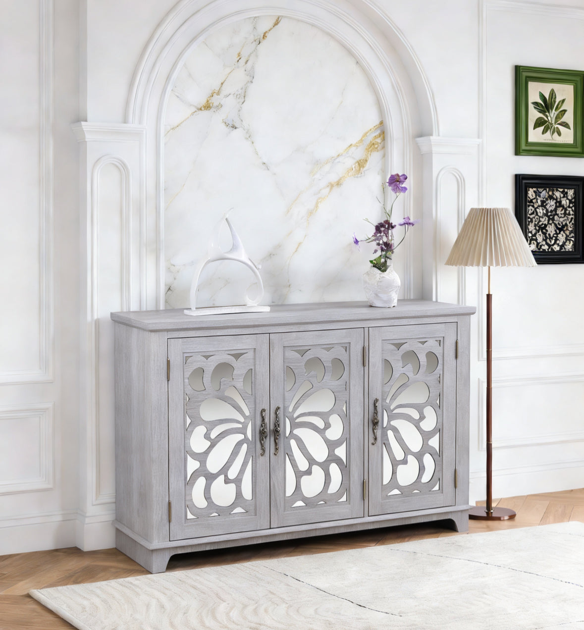 49.33 X 15.55in Spacious Size Countertop Sideboard With 3 Mirrored Doors Adjustable Shelves Buffet Cabinet, Storage Cabinet For Living Room, Bedroom, Dinning Room, Kitchen, Hallway Closet