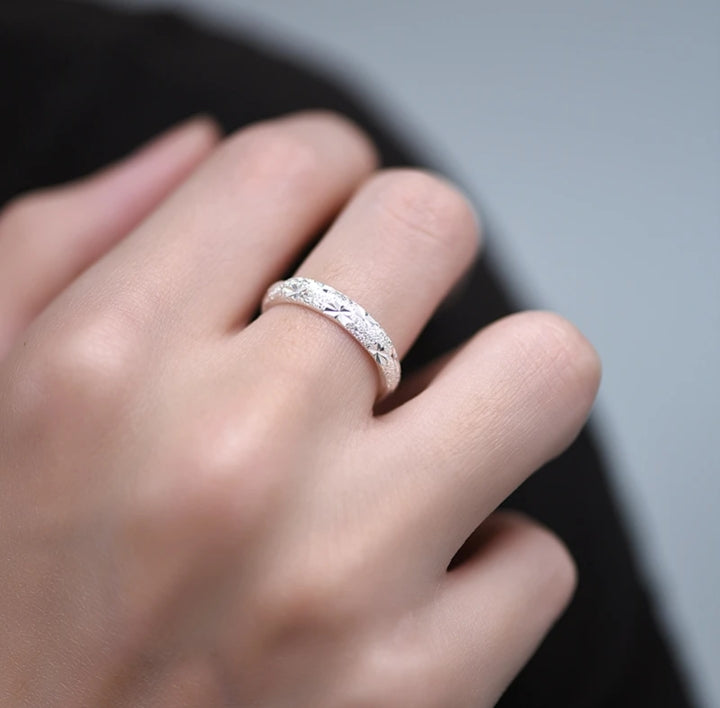 1 Pair 999 Sterling Silver Sparkling Starburst Couple Rings, Polished Carved Style, For Daily Wear & Valentine's Gifts