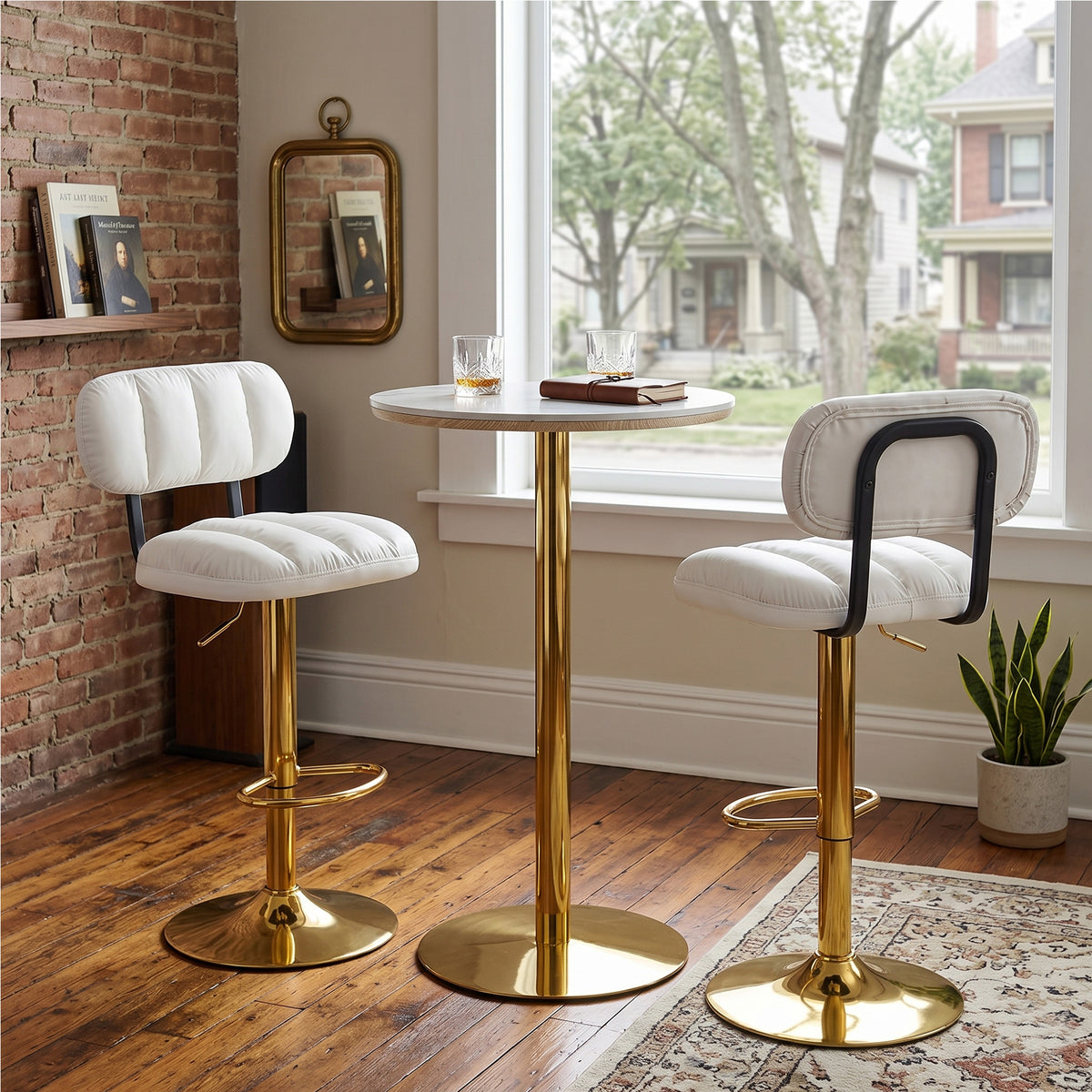 Set Of 2 Adjustable Height Bar Stools, White PU Leather Upholstered Seating With Gold Metal Base & Footrest, Luxe Glam Stools For Kitchen Island, Home Bar, Living Room