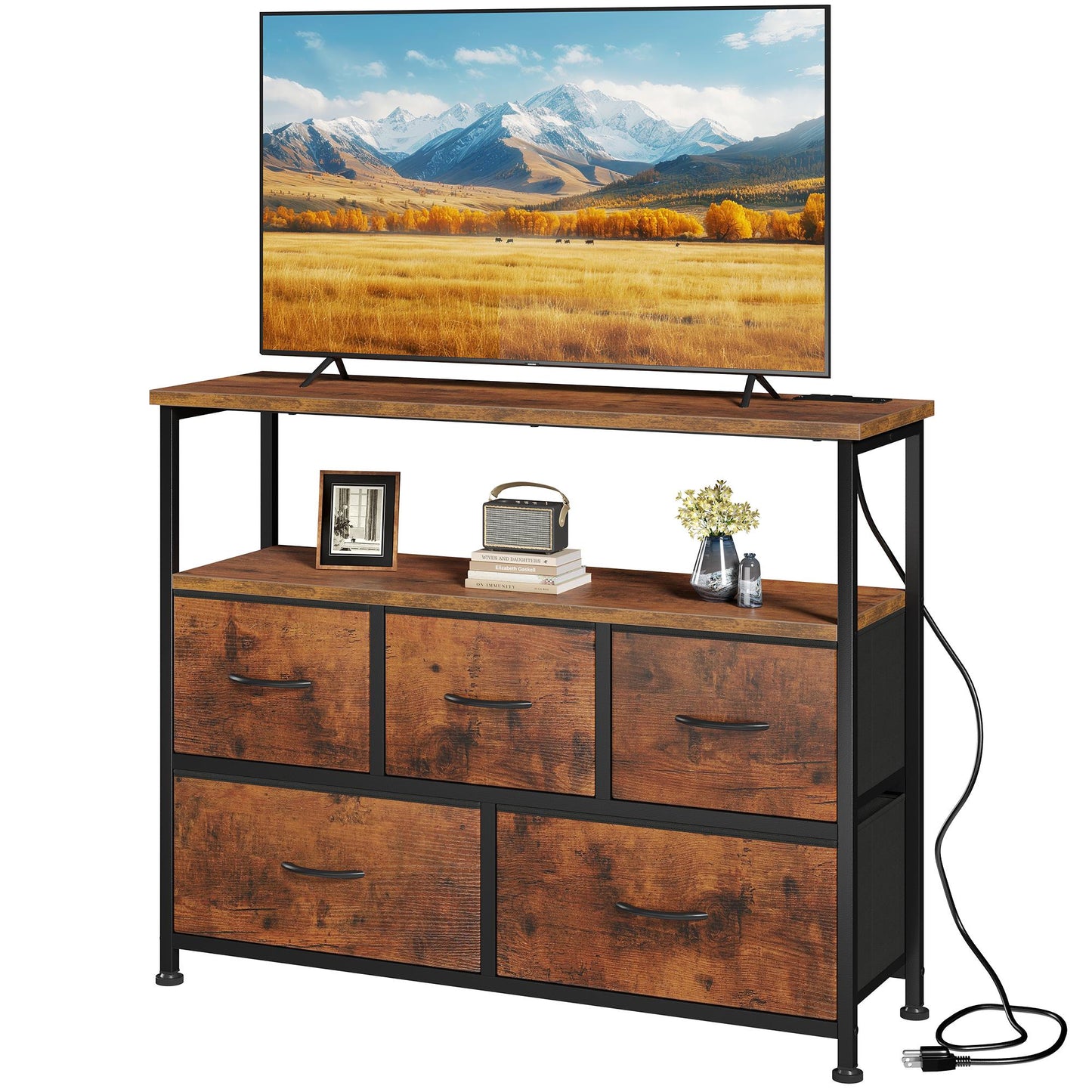 TV Cabinet, Dressing Table With 5 Fabric Storage Drawers, Media Cabinet With Open Shelves, Fabric Storage Cabinet With Charging Station