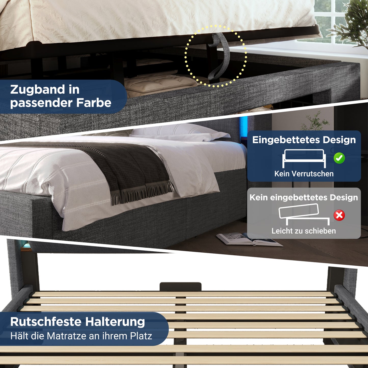 Upholstered Bed 90x200 Cm With Hydraulic Storage And Headboard With Storage Compartment, LED Lighting And USB & USB-C Connection, Wooden Slatted Bed Frame, Grey, Linen, Without Mattress