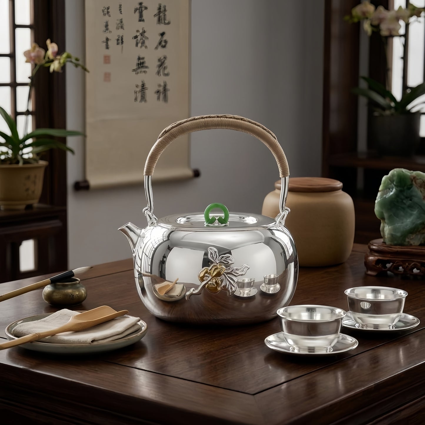 Pure 999 Fine Silver Handcrafted Silver Tea Kettle with Jade Finial and Exquisite Gilded Floral Ornamentation - Handicraft