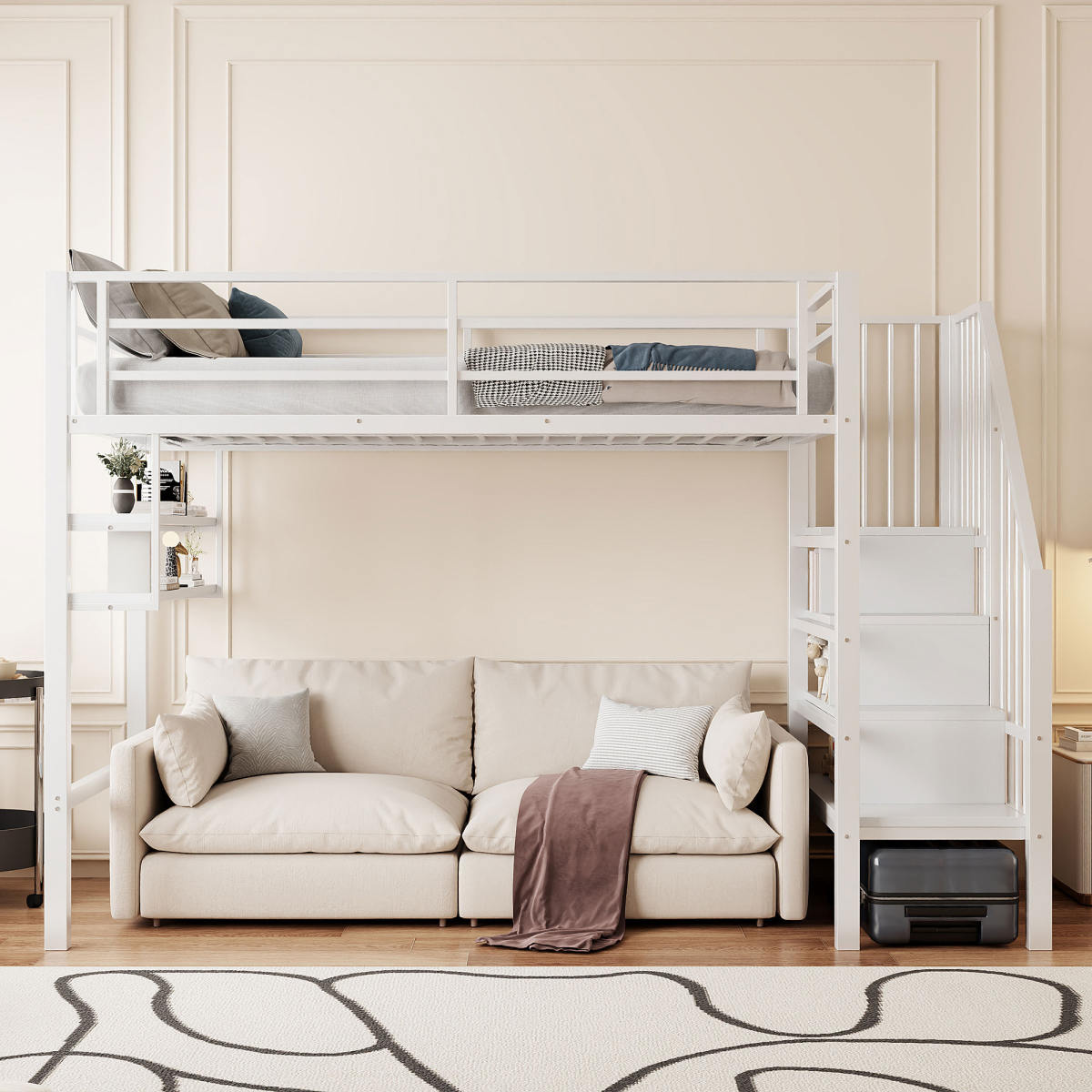 Loft Bed, 90x200cm , Shelves, Storage Ladder, Free Space Under The Bed For Dressing, Railing, Without Mattress, White