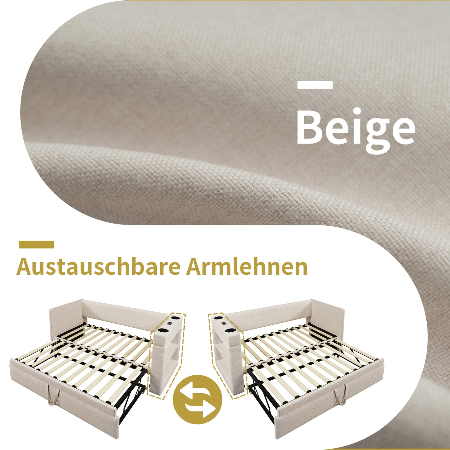 Upholstered Daybed 90x190 Cm, Single Bed Sofa Bed With Pull-out Bed, Armrests With USB & Type-C Charging Port And Cup Holder, Linen Blend, Beige, Without Mattress.
