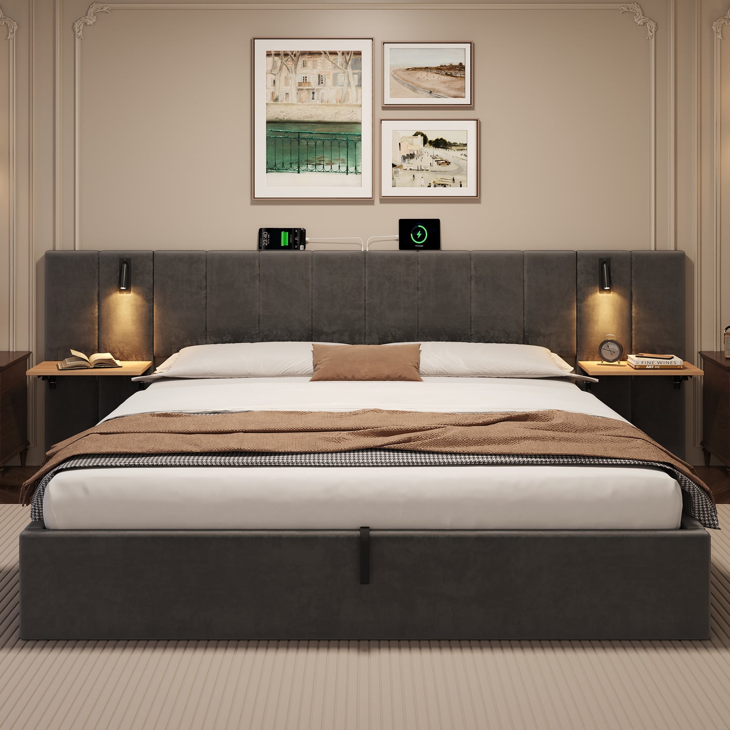 Super King Upholstered Bed With Charging Station, Velvet Hydraulic Storage Bed With Reading Light, 6ft King Bed Frame With Channel Tufted Headboard And Adjustable Bedside Shelf, Grey No Mattress