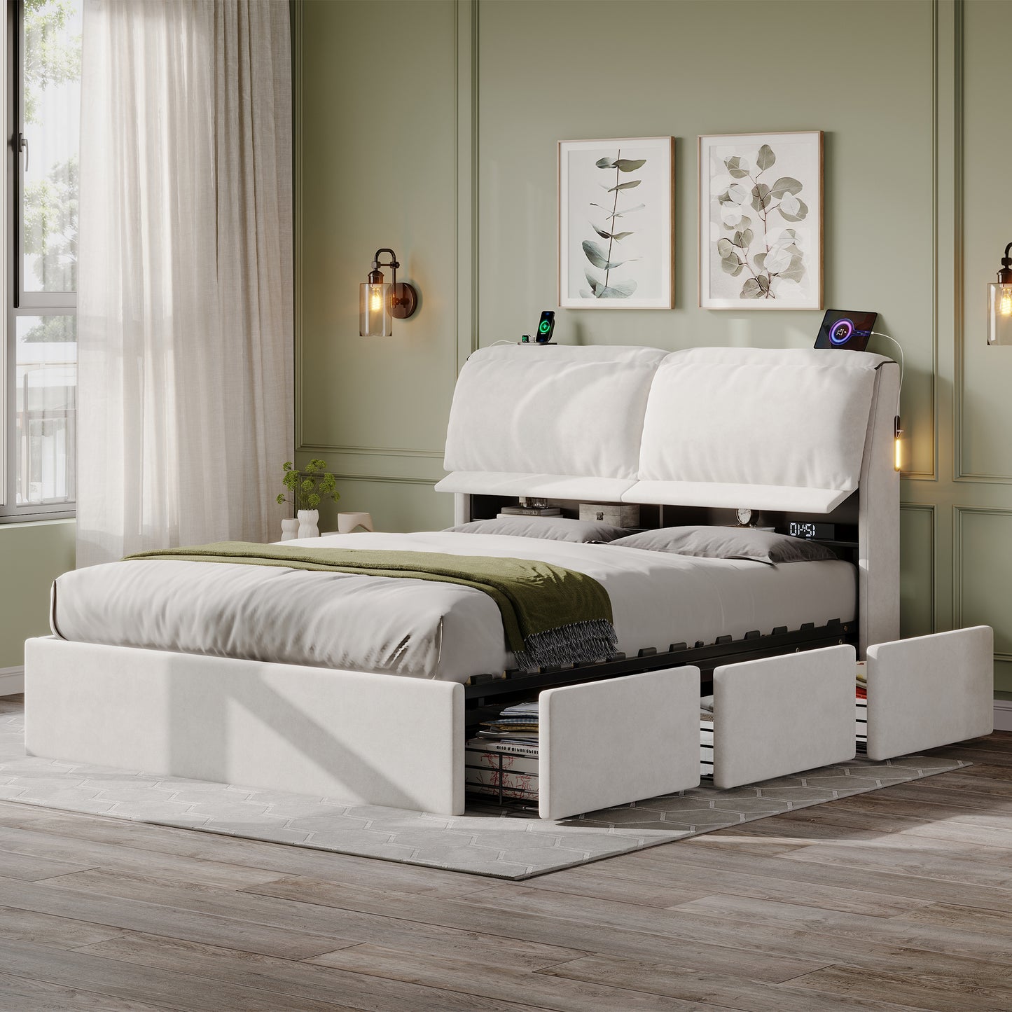 5ft King Bed With Hydraulic Storage, Velvet Upholstered Bed With Headboard Flip-top Storage And Drawers, Back Cushion Headboard With Charging Station And LED Night Light, Cream White No Mattress