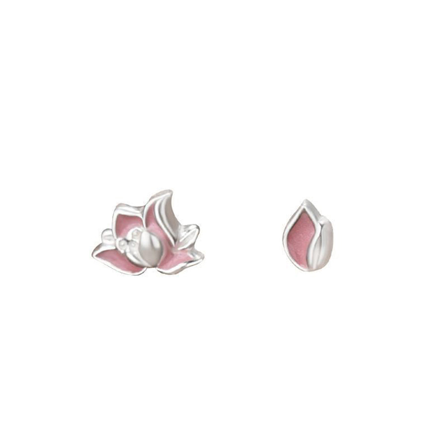 1pair 999 Sterling Silver Enamel Asymmetric Lotus Screw Back Stud Earrings, Gentle Oriental Style, For Daily Dating Wear & Women Holiday Gifts