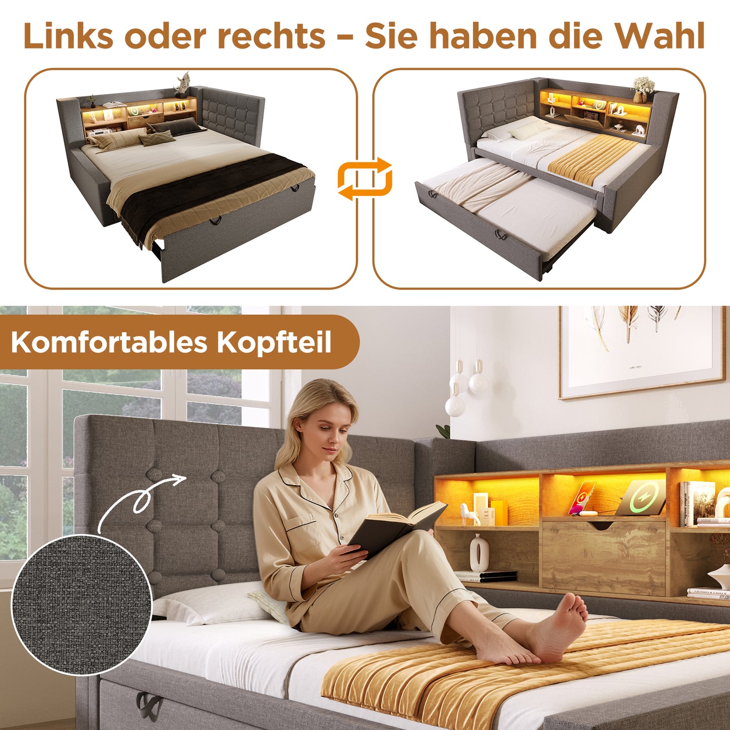 Upholstered Bed Bed 90x200 Cm With Pull-out Bed 90x190, And LED Lighting,Struraum Bed, L-shaped Headboard With Storage, Can Be Mounted On Both Sides, Slatted Base, Linen, Grey Without Mattress