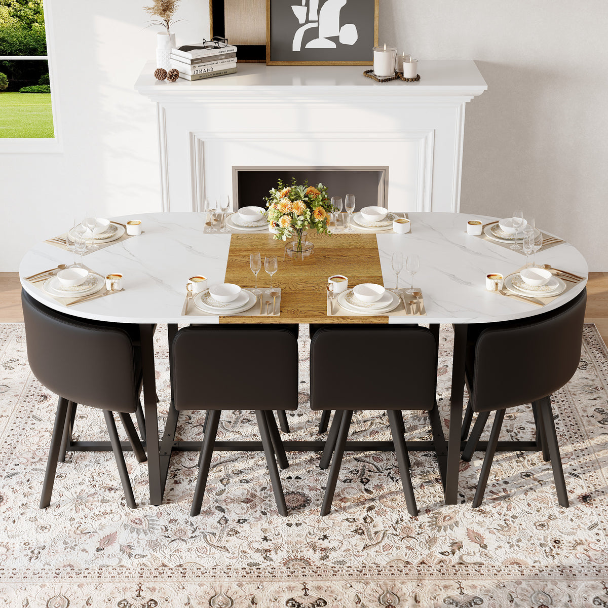 9-Piece Oval Dining Table Set, Fixed White Faux Marble & Wood Grain Triamine Tabletop With 8 Black PU Leather Chairs, Modern Kitchen Table Set For 8 People, Ideal For Family Gatherings, Dining Room