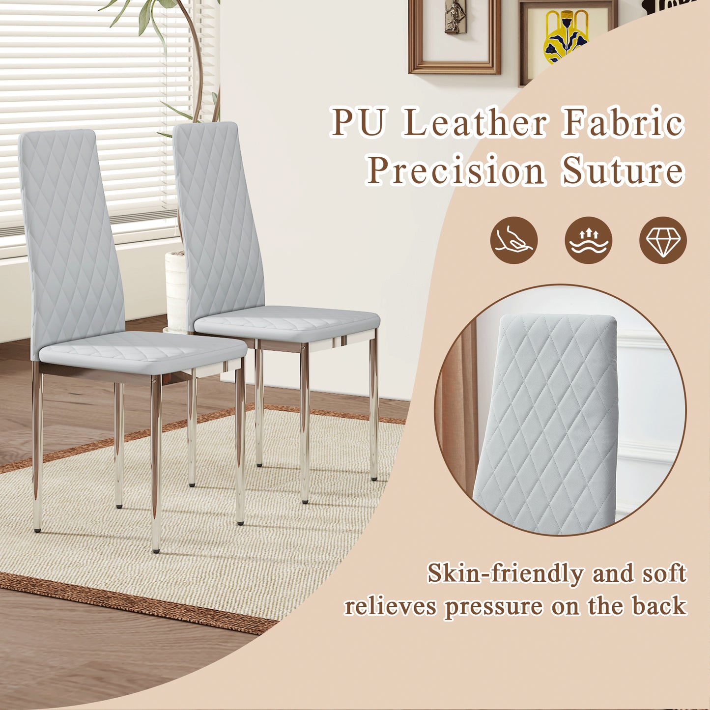 Modern Style Dining Chairs Set Of 6 In Light Gray, Essential For Minimalist Homes.Meeting Family Dining Needs,PU Material Seat,Silver Metal Legs,Blending Into Various Home Environments.W1151107277