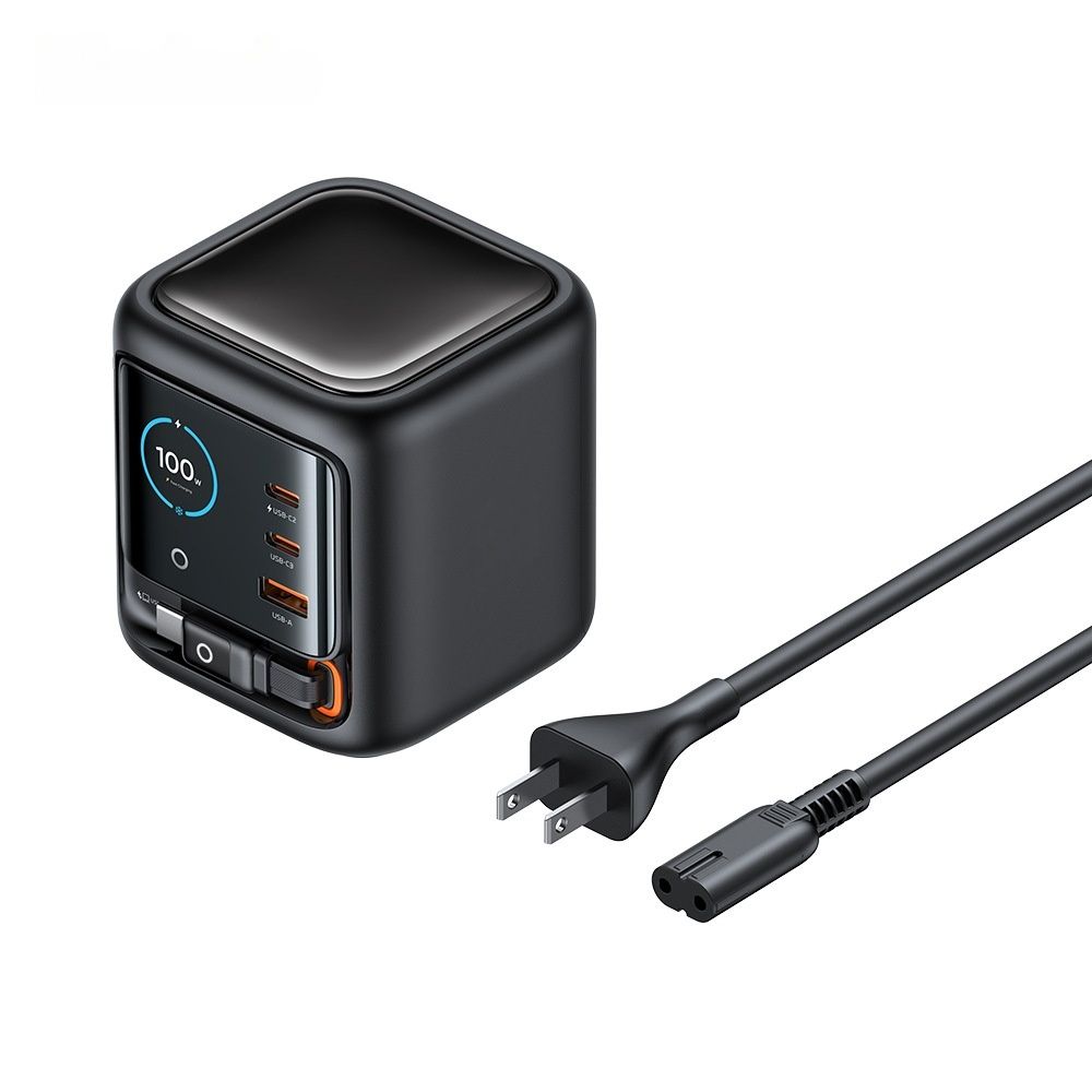 100W GaN Multi-Port Charger with Built-in Retractable Type-C Cable - AI Smart Display UK EU Plug Adapter Fast Charging for Laptop Phone Tablet Travel