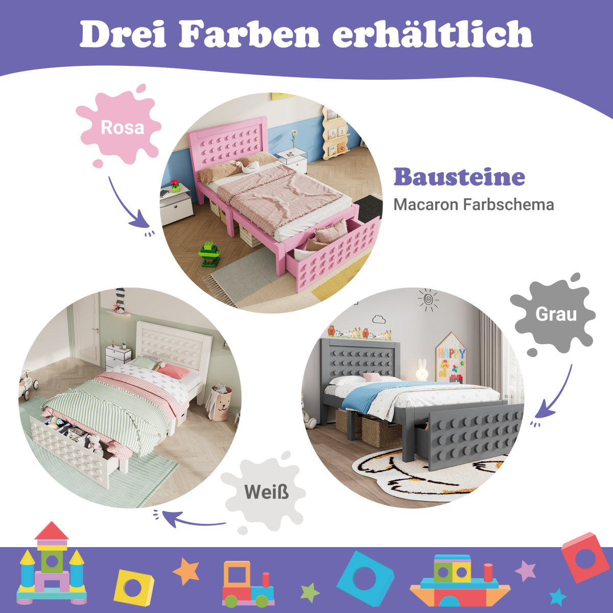 Wooden Bed Single Bed 90x200 Cm, Children's Bed Youth Bed With Creative Block Design, Solid Wood Bed Frame With Slatted Frame, With Drawers & Under Bed Storage Space, Pink, Without Mattress