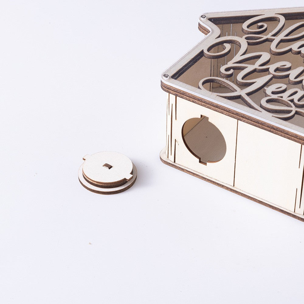 Happy New Year Wooden House Piggy Bank Transparent Acrylic Money Box New Year Christmas Desktop Decor Saving Jar Gift For Kids Family