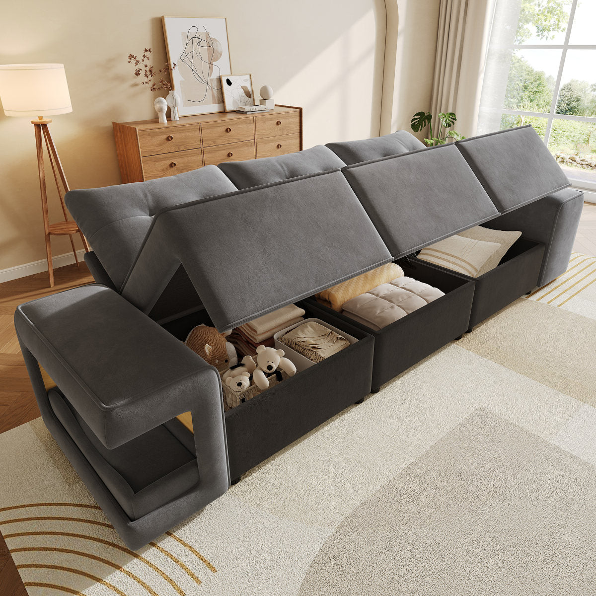 Modern Modular 3-seater Sofa With Wide Armrests, Cloud Sofa, Integrated Storage, Upholstered Pet Area, With Two Cushions Ideal For Living Rooms And Apartments, Grey.