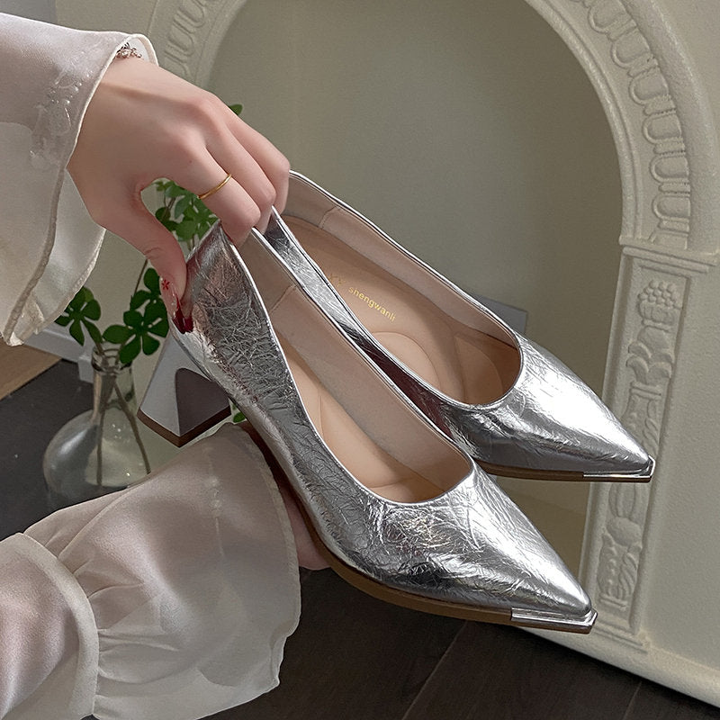 Women's Vintage Silver Pointed Toe Block Heel Pumps, 2026 Spring New French Style Comfortable Dress Shoes