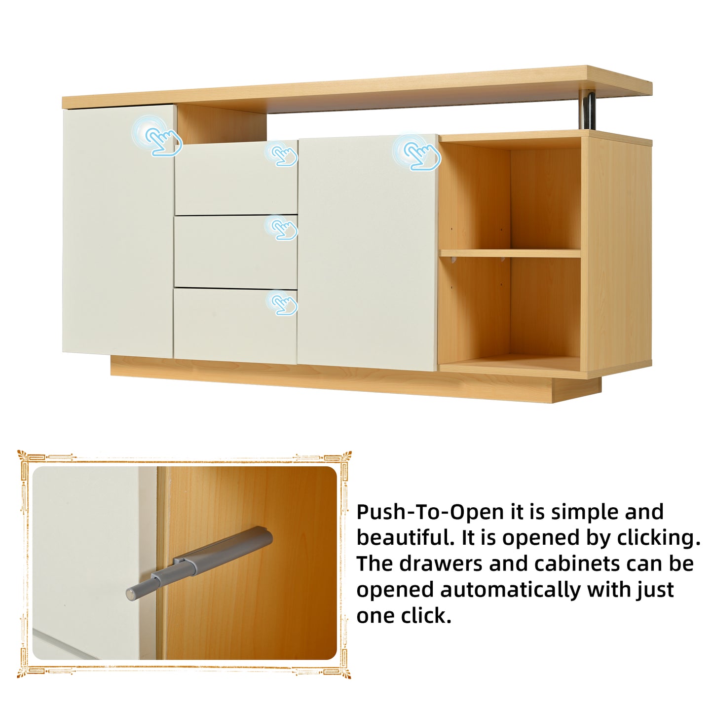 Multifunctional Sideboard, Length 140 Cm, White And Imitation Wood - 2 Doors, 3 Drawers, 2 Open Compartments, With LED Lighting