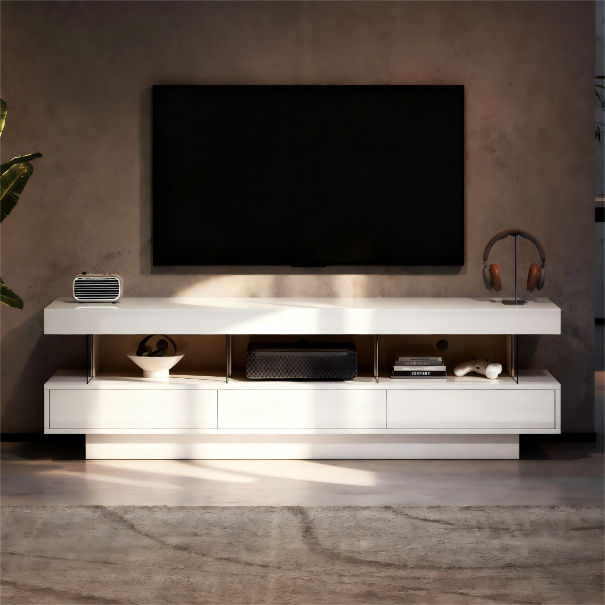 160x38x50.5cm White High Gloss TV Cabinet With 3 Glass Compartments, LED Lighting, App Control, Bluetooth Connected, For 70 Inch TV,High Gloss With Glass TV Stand,Smart TV Cabinet