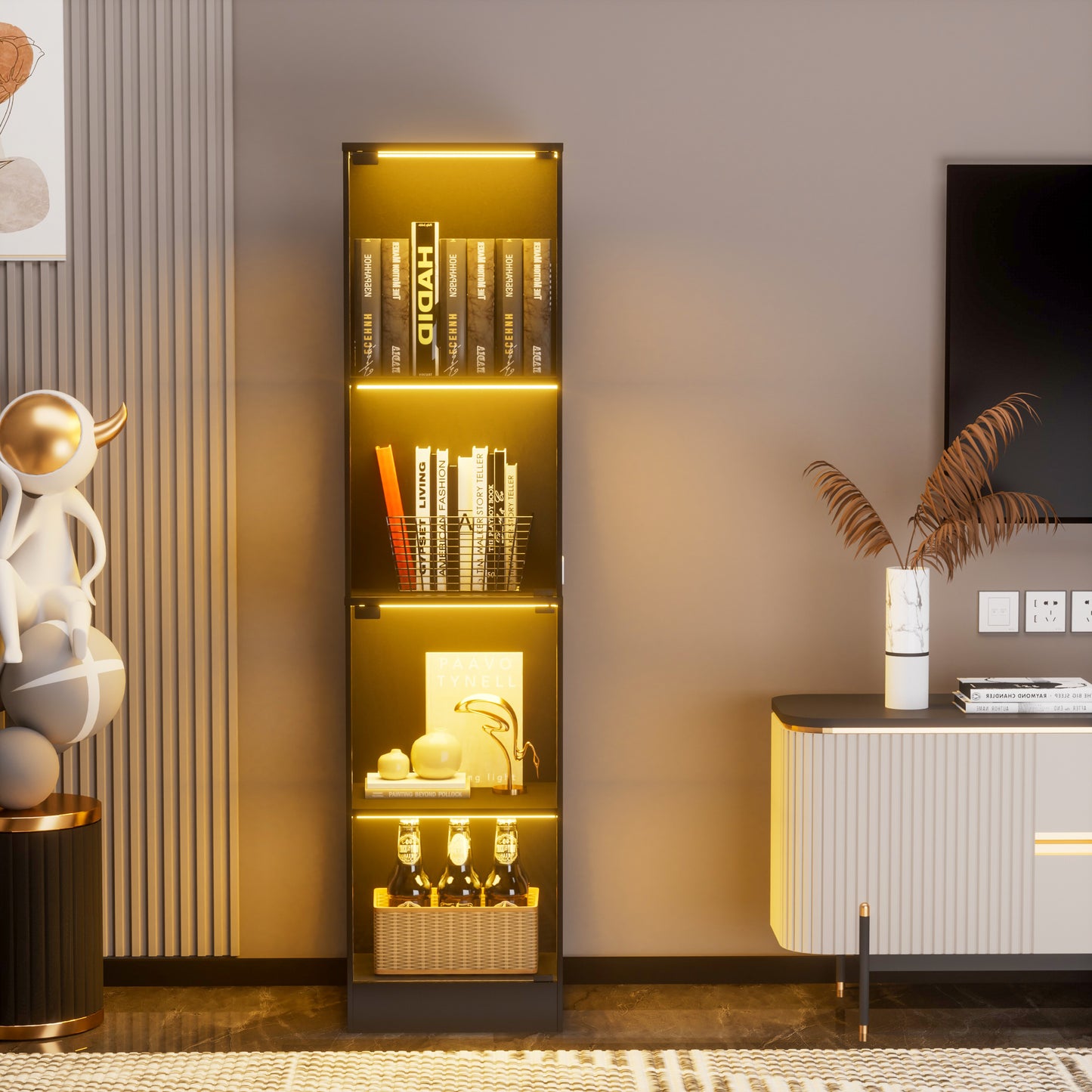 Four-storey Glass Display Case With Storage Space, LED Lighting, Glass Doors And Smart Sensors. Suitable As A Dustproof Glass Cabinet For Living Rooms, Bedrooms And Offices. Black.40x35x165cm