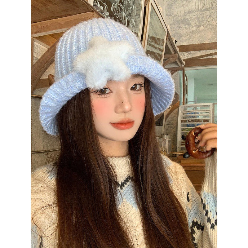 Korean-style Cute Plush Star Knitted Bucket Hat