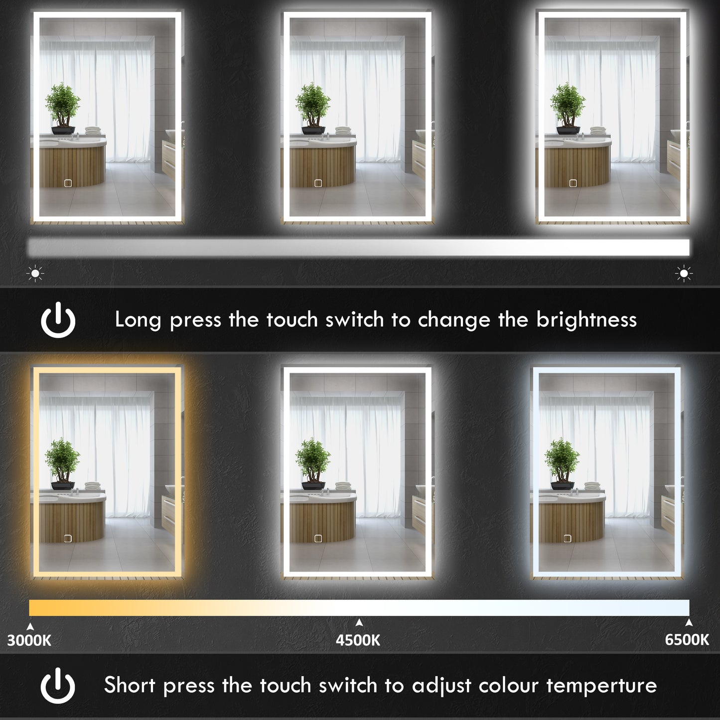 70 X 50cm LED Bathroom Mirror With Lights, Dimmable Makeup Mirror, Vanity Mirror With 3 Colour, Smart Touch, Anti-Fog