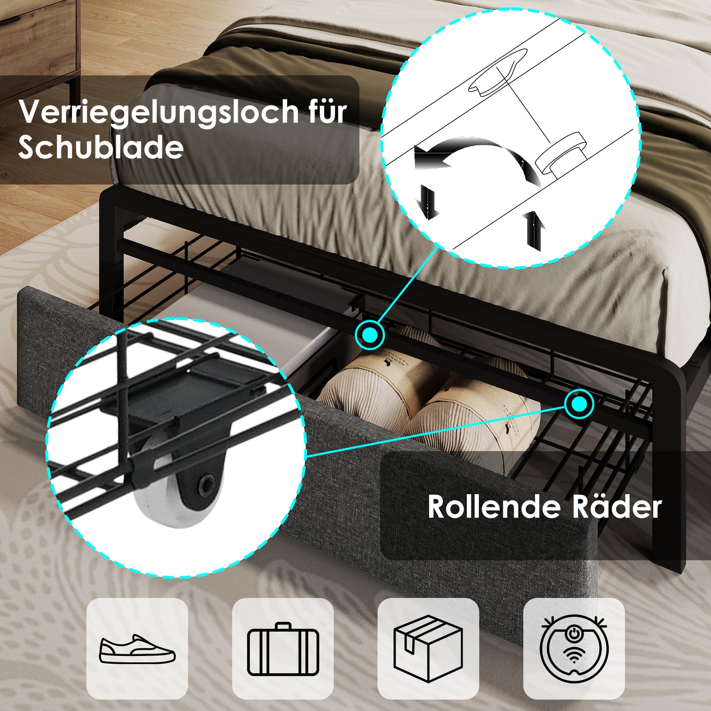 Upholstered Bed With USB Type-C Charging Function Storage Headboard And LED Lighting And Drawers, Single Bed 90 X 200 Storage Beds Bed Frame With Metal Frame Slatted Frame, Grey Without Mattress