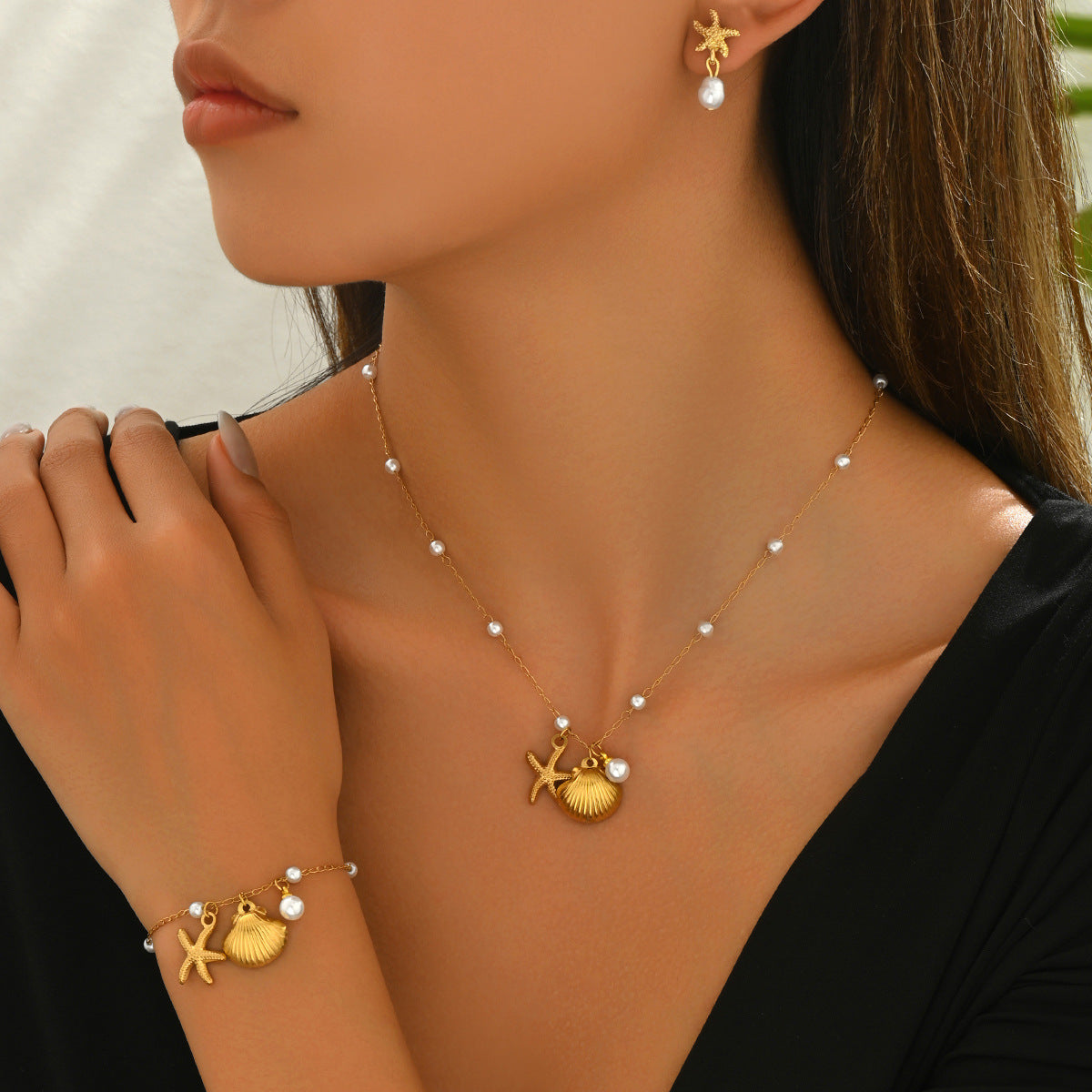 Cross-border European American Ocean Style Women Jewelry Set, Matching Necklace Earrings Bracelet With Shell & Faux Pearl, Trendy Versatile Beach Accessories For Ladies