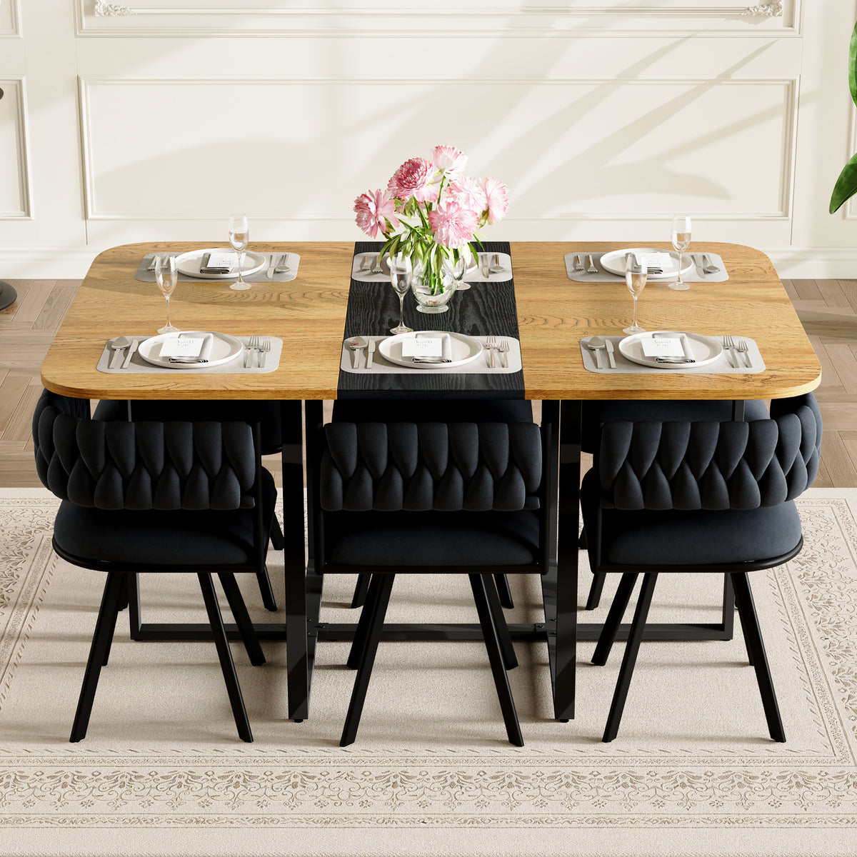 7-Piece Rectangular Dining Table Set, Fixed Two-Tone Wood Grain & Black Triamine Tabletop With 6 Black Velvet Chairs, Modern Kitchen Table Set For 6 People, Ideal For Small Spaces, Apartment