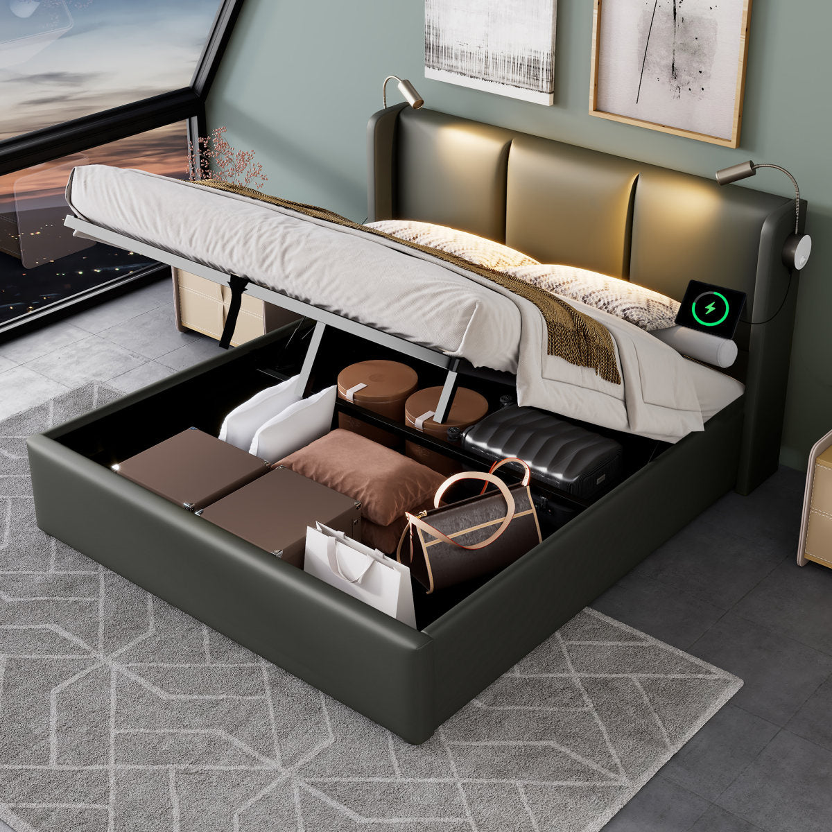 Upholstered Bed 180x200 Cm With Storage Box & LED Light, Bed Frame With 2 USB Charging Ports And Hydraulic Lifting Bar, Design Double Bed Made Of PU Leather, Gray