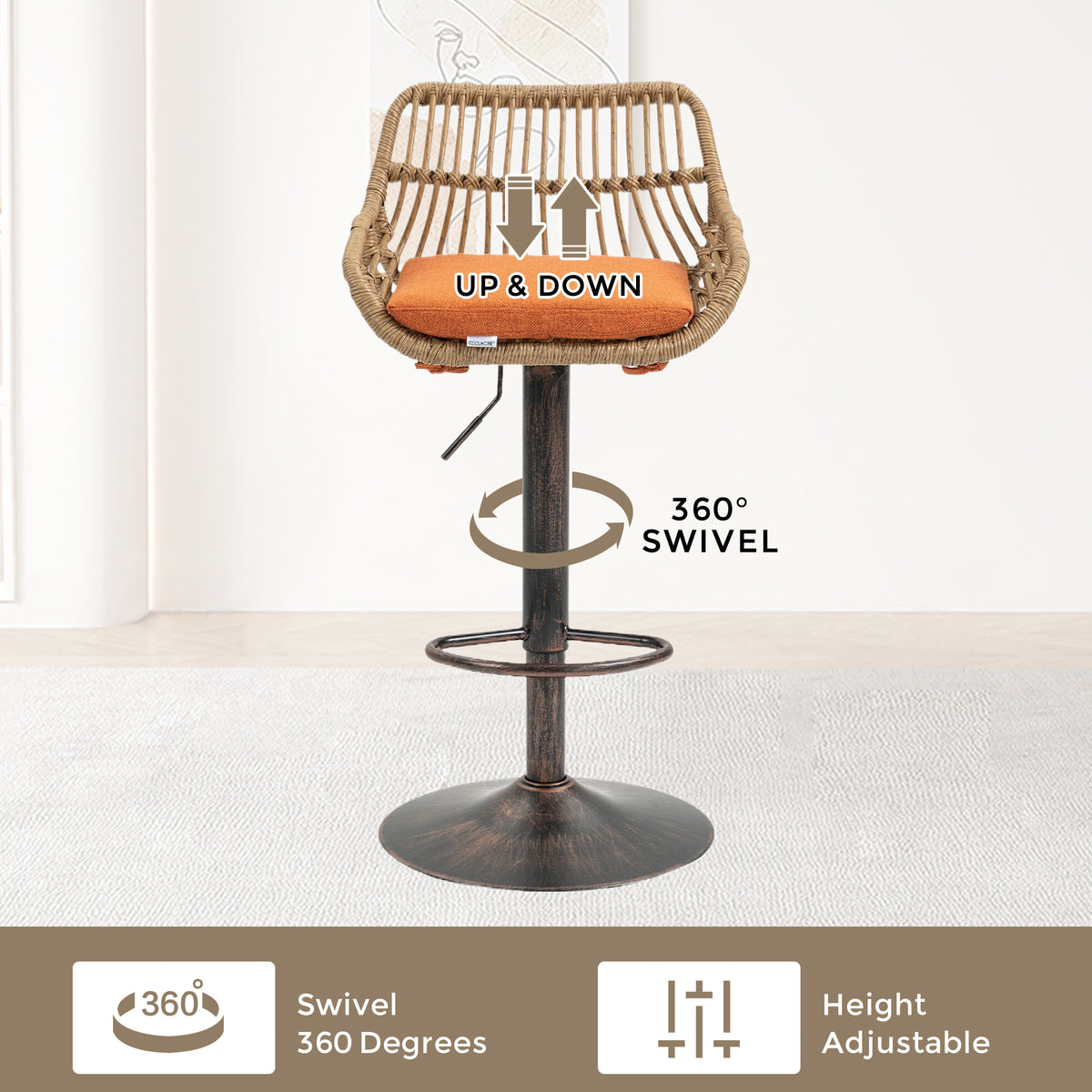Modern Swivel Bar Stools Set Of 2 Adjustable Counter Height Chairs With Footrest For Kitchen, Dining Room Orange