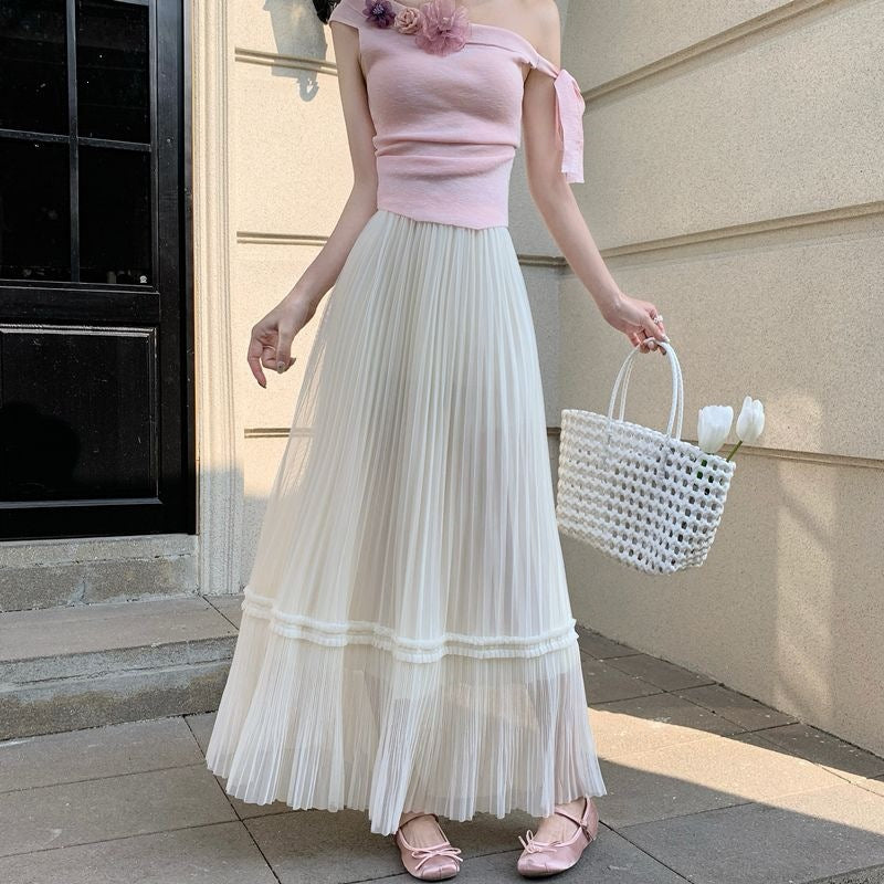 Korean-style Draped Tulle Pleated Skirt For Women