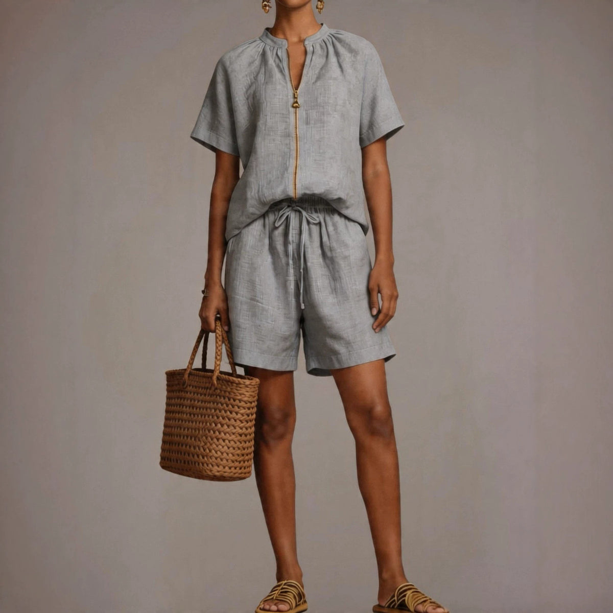 Summer New Solid-color Cotton-linen Short-sleeve Shorts Set