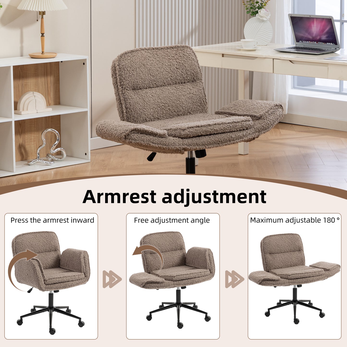 Criss Cross Chair With 5-Gear Adjustable Armrests & Wheels, Ergonomic Thickened Backrest Swivel Desk Chair For Home Office, Vanity, Bedroom And Living Room,brown Teddy Fleece