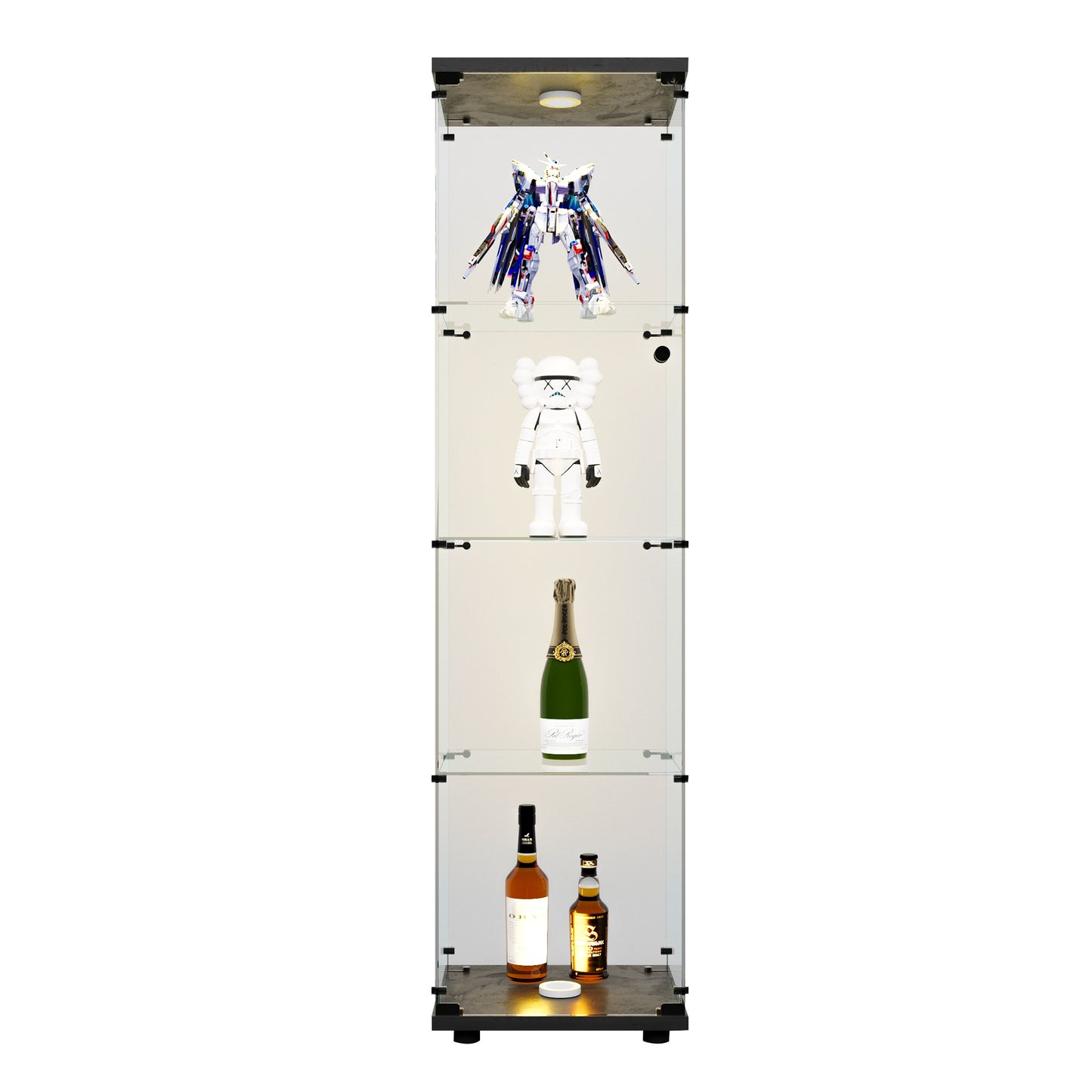 LED Lights Glass Display Cabinet 4 Shelves With Door, Floor Standing Curio Bookshelf For Living Room Bedroom Office, 64.7 X 16.7 X 14.3 , Black