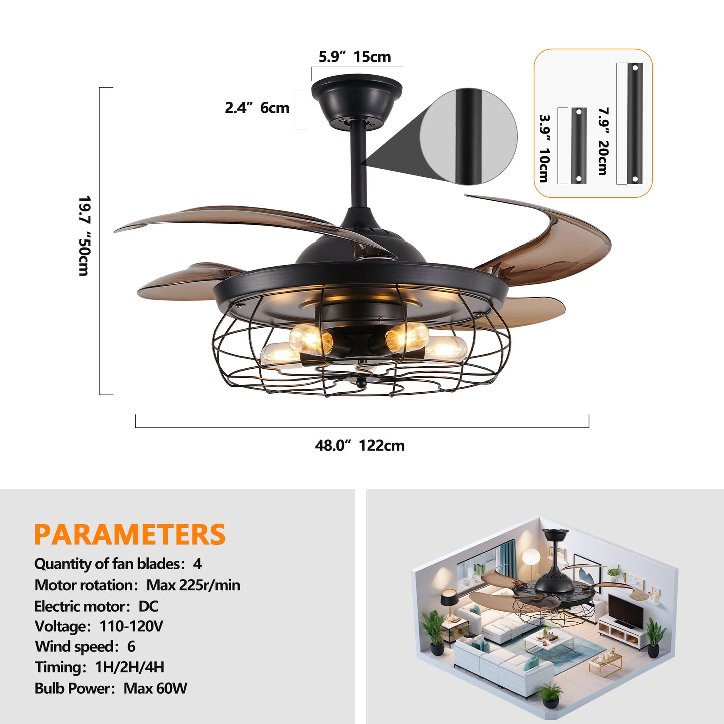 48 Black Remote Control Ceiling Fan Light Industrial 4-Blade Fan With Cage Design And Adjustable Speed For Living Room, Bedroom, Or Office Silent 6-Speed Reversible DC Motor Bulb Not Included