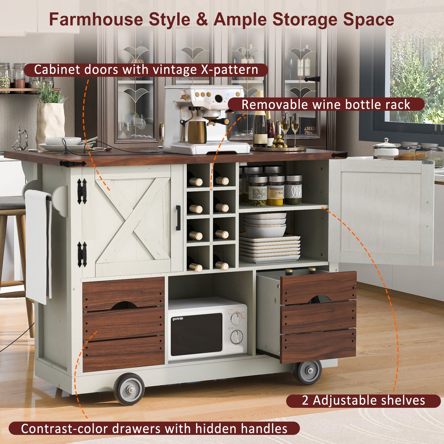 K&K 54 Farmhouse Kitchen Island With Drop Leaf, Power Outlet, Kitchen Storage Cart With 2 Doors, 2 Drawers, Rolling Kitchen Island On 4 Large Wheels With Spice Rack For Kitchen, Dining Room, White