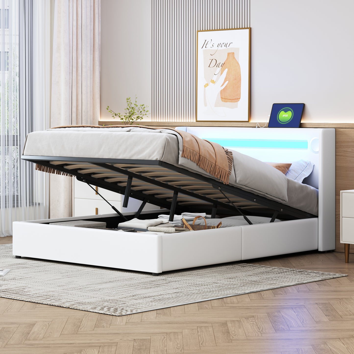 Upholstered Bed 140x200 Bed With LED Light Strip, Bluetooth Player And USB Charging, Storage Bed Made Of PU Leather, Loft Bed Box, Double Bed With Slatted Base White