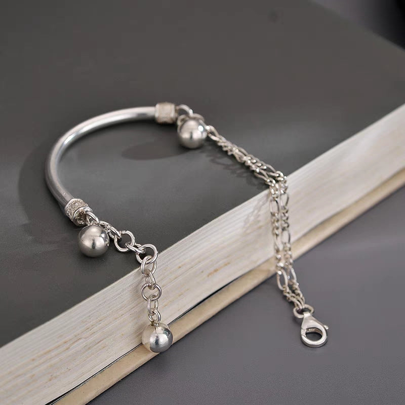 1pc 999 Sterling Silver Half-Bangle With Bead Tassel Bracelet, Minimalist Chinese Style, Perfect For Daily Wear & Valentine's Gifts