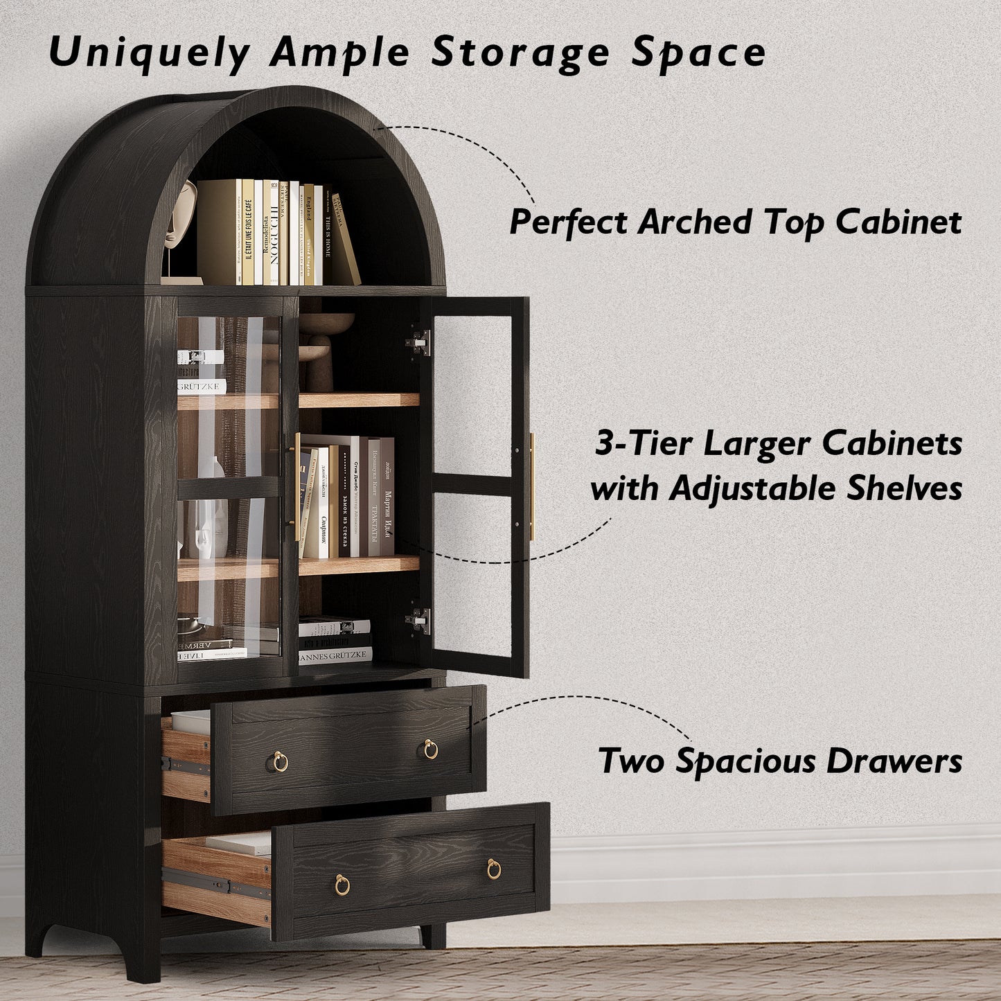 K&K 71 Tall Arched Kitchen Pantry Cabinet With 2 Large Drawers, Modern Farmhouse Kitchen Storage Cabinets With Adjustable Shelves, Glass Door, Wood Versatile Cupboard For Kitchens, Dining Room, Black
