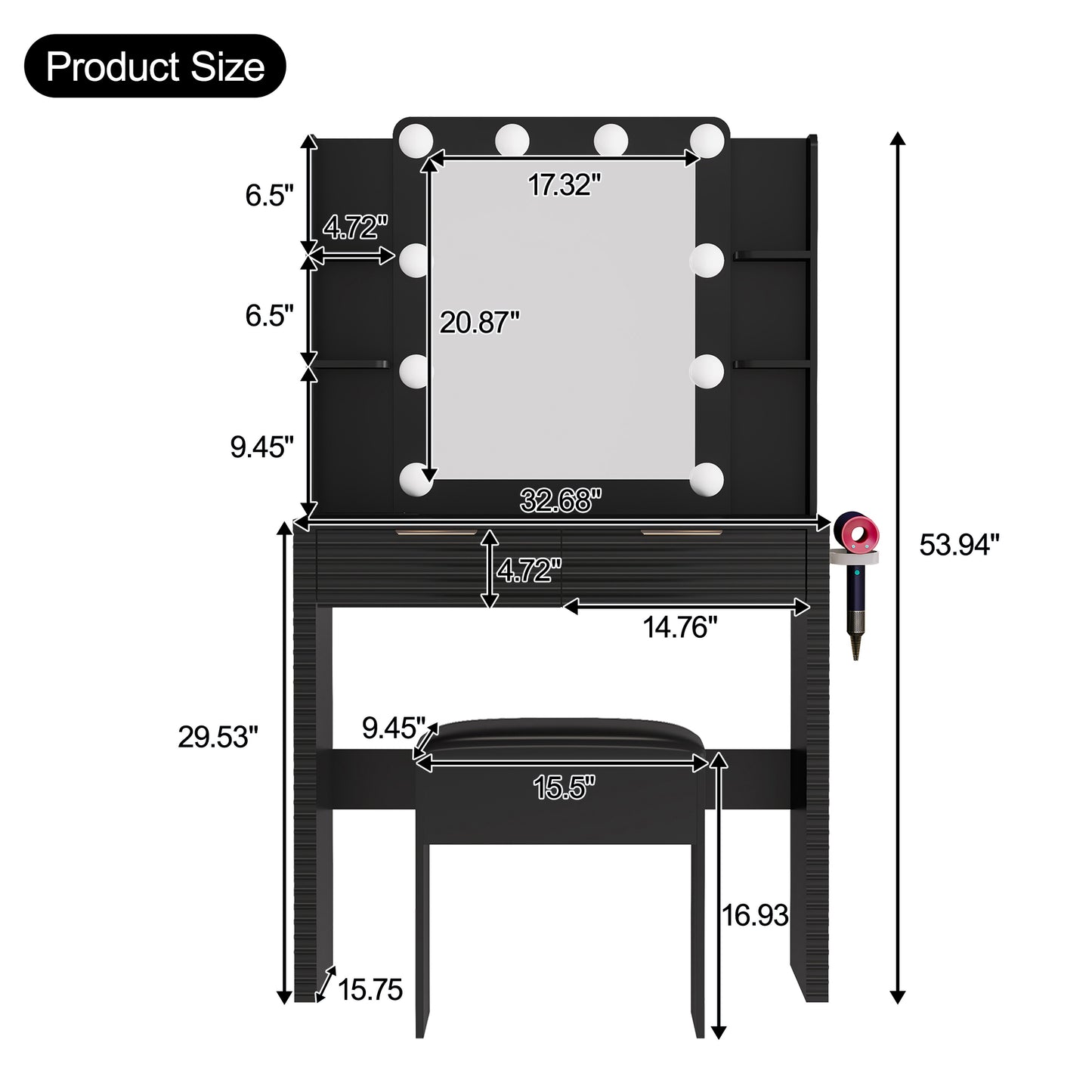 Makeup Vanity Desk With 10 Hollywood Bulbs, Fluted Dressing Table With Charging Station, 2 Drawers And 4 Open Shelves, Hairdryer Holder, Padded Stool With Storage , Black