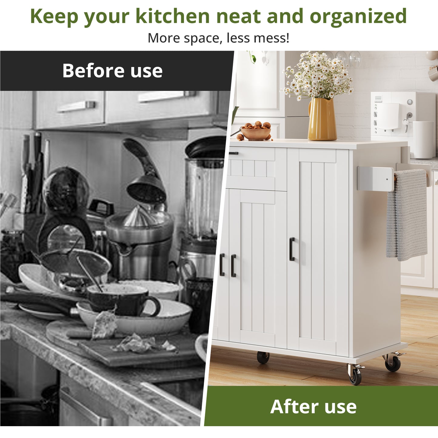 Kitchen Island With Folding Worktop, Kitchen Trolley On Wheels, Kitchen Cabinet With 4 Doors And 1 Drawer, Integrated Spice Racks In The Doors, Double-sided Towel Rails, White,120x45 -70x95
