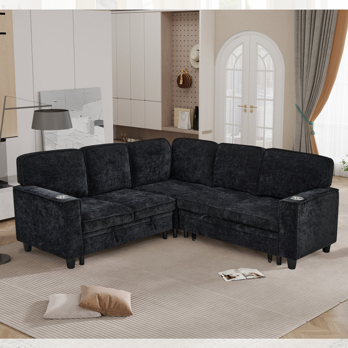 L-Shaped Sofa with Pull Out Sofa Bed, Sleeper Sofa Couch Bed with Storage Seat, 5 Seat Sectional Sofa Bed with USB, Sectional Sofa Couch for Living Room, Apartment, Charcoal Grey