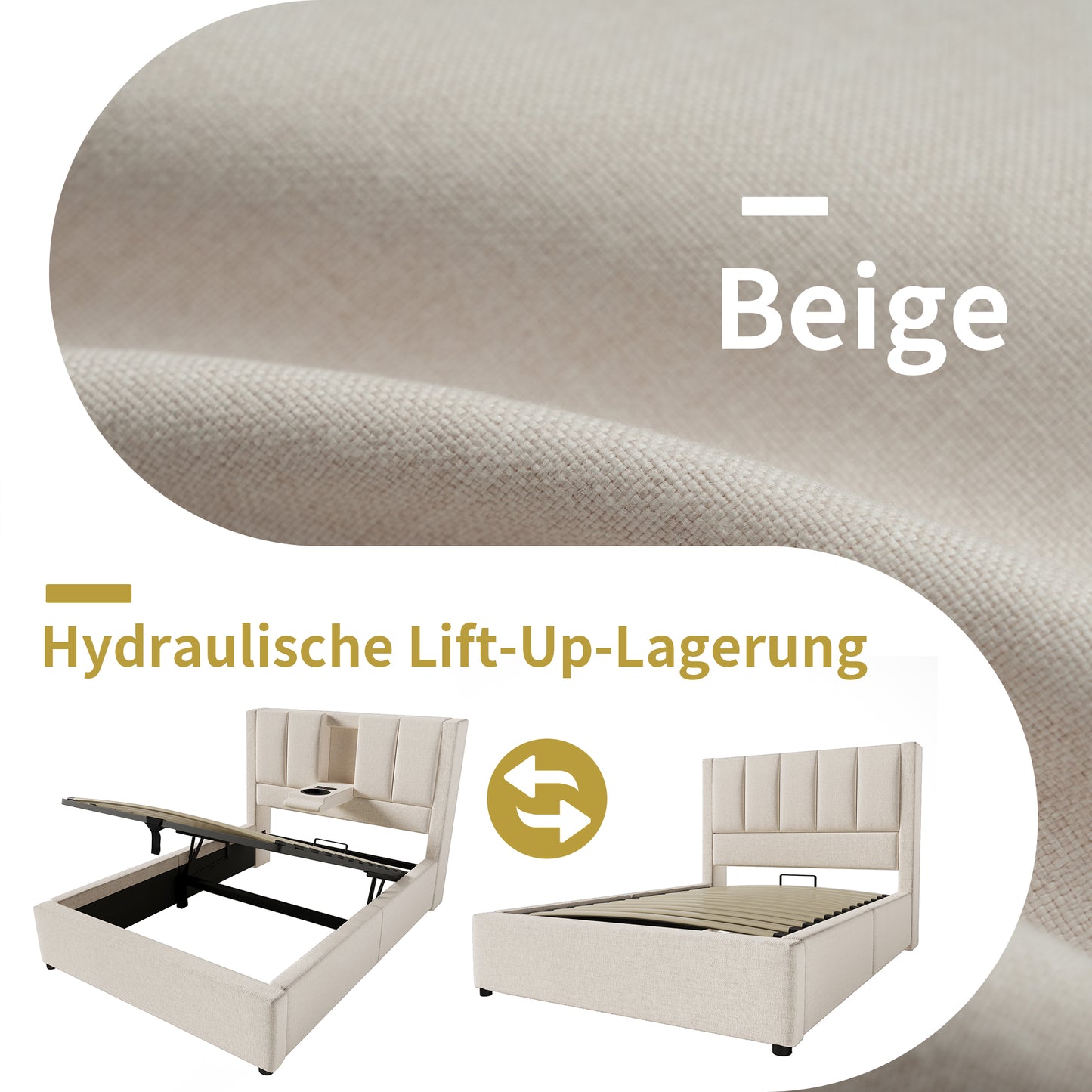Upholstered Bed 90x200 Cm Single Bed With Hidden Cup Holder & Charging Station, Hydraulic Bed With Storage Space Under The Bed, Incl. Slatted Frame, Linen Beige Without Mattress
