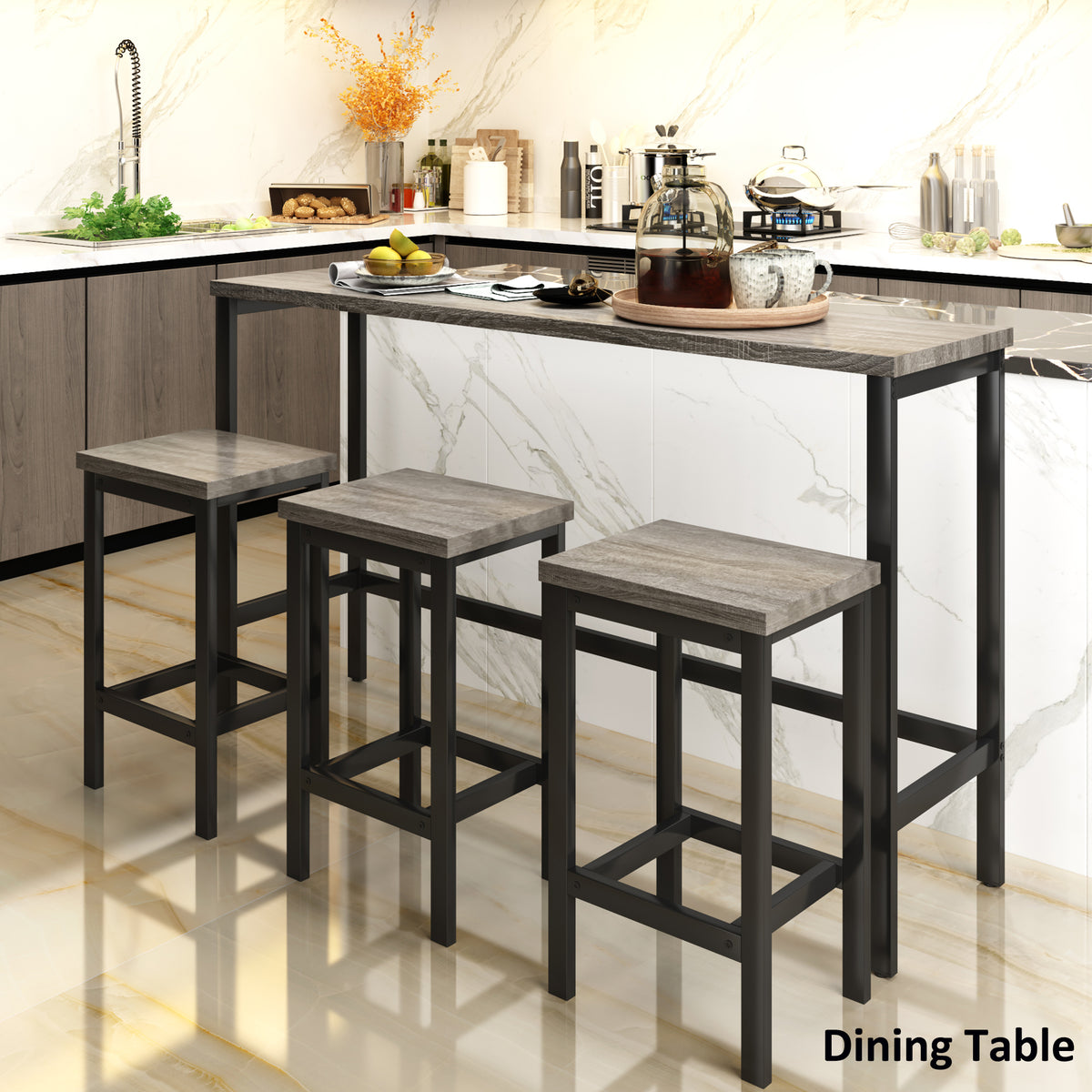 TOPMAx Counter Height Extra Long Dining Table Set With 3 Stools Pub Kitchen Set Side Table With Footrest Gray